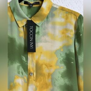 Toccin NY Silk Tie-Dye Button Down Blouse Green Yellow Size S NWT
